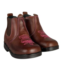 Botina Infantil Caminhos Da Roça Bico Quadrado Com Zíper Couro Pinhão Com Bordado Florão Rosa Ref:KI18
