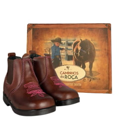 Botina Infantil Caminhos Da Roça Bico Quadrado Com Zíper Couro Pinhão Com Bordado Florão Rosa Ref:KI18