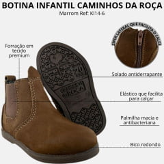 Botina Infantil Caminhos Da Roça Bico Redondo Com Zíper Couro Marrom Escuro Liso Ref:KI14-6