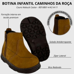 Botina Infantil Caminhos Da Roça Bico Redondo Com Zíper Couro Nobuck Castor - REF:KB01-4-KL14-11