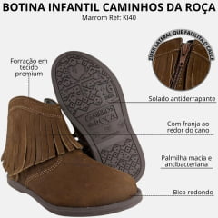 Botina Infantil Caminhos Da Roça Com Franja Bico Redondo Com Zíper Couro Nobuck Marrom Escuro Ref:Kl40
