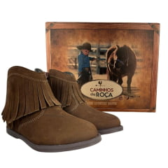Botina Infantil Caminhos Da Roça Com Franja Bico Redondo Com Zíper Couro Nobuck Marrom Escuro Ref:Kl40