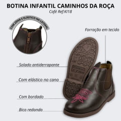 Botina Infantil/Juvenil Caminhos da Roça Bico Redondo Com Zíper Couro Látego Café Com Bordado Rosa Ref.KJ06-7