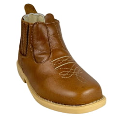 Botina Infantil Ki-Fofo Couro Caramelo Com Bordado Florão Bege E Solado Claro Com Bico Quadrado Ref:4122