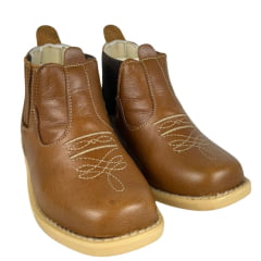 Botina Infantil Ki-Fofo Couro Caramelo Com Bordado Florão Bege E Solado Claro Com Bico Quadrado Ref:4122