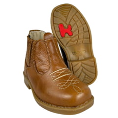 Botina Infantil Ki-Fofo Couro Caramelo Com Bordado Florão E Elástico Marrom Com Solado PVC Ref:8218