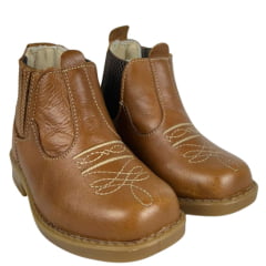 Botina Infantil Ki-Fofo Couro Caramelo Com Bordado Florão E Elástico Marrom Com Solado PVC Ref:8218