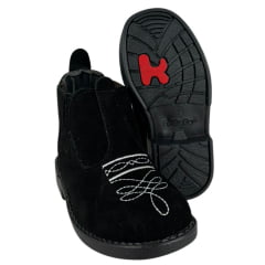 Botina Infantil Ki-Fofo Couro Nobuck Preto Com Bordado Florão Branco Solado Preto Ref:4122