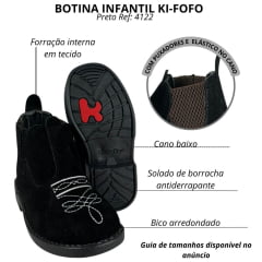 Botina Infantil Ki-Fofo Couro Nobuck Preto Com Bordado Florão Branco Solado Preto Ref:4122