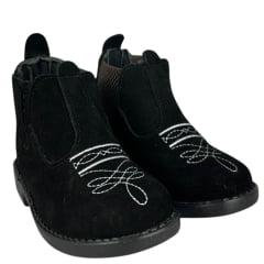 Botina Infantil Ki-Fofo Couro Nobuck Preto Com Bordado Florão Branco Solado Preto Ref:4122