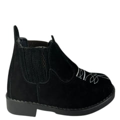 Botina Infantil Ki-Fofo Couro Nobuck Preto Com Bordado Florão Branco Solado Preto Ref:4122