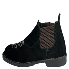 Botina Infantil Ki-Fofo Couro Nobuck Preto Com Bordado Florão Branco Solado Preto Ref:4122