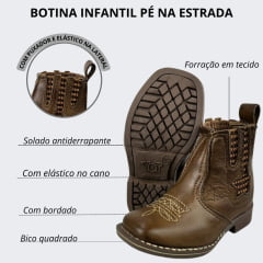 Botina Infantil Pé Na Estrada Couro Latico Oliva Com Bordado Florão Dourado Ref.5009