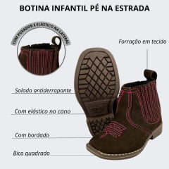 Botina Infantil Pé Na Estrada Couro Nobuck Café Com Bordado Floral Pink Ref.5015