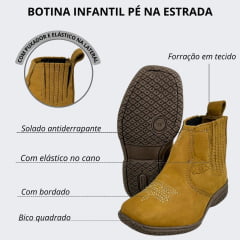 Botina Infantil Pé Na Estrada Couro Nobuck Castor Floral Com Bordado Florão Ref.5015