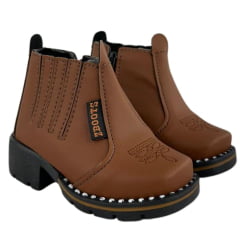 Botina Infantil Zboots Bico Quadrado Conhaque Zíper E Elástico Solado Preto - REF:B8205