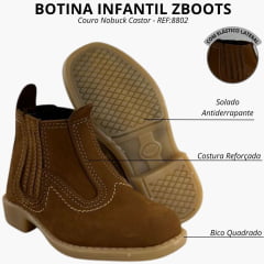 Botina Infantil Zboots Bico Quadrado Couro Nobuck Castor Com Solado PVC - REF:8802