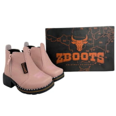 Botina Infantil Zboots Bico Quadrado Rosa Zíper Solado Preto - REF:B8206
