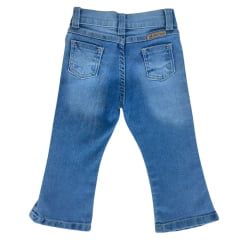 Calça Bebê Baby Ranch Jeans Azul Destroyer Flare Bootcut Com Bordado Estrelas De Strass Rosa E Branco Ref:3011