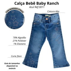 Calça Bebê Baby Ranch Jeans Azul Destroyer Flare Bootcut Com Bordado Estrelas De Strass Rosa E Branco Ref:3011