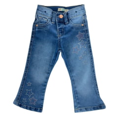 Calça Bebê Baby Ranch Jeans Azul Destroyer Flare Bootcut Com Bordado Estrelas De Strass Rosa E Branco Ref:3011