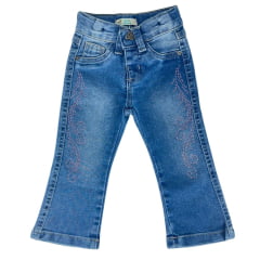 Calça Bebê Baby Ranch Jeans Destroyer Barra Flare Com Bordado Strass Rosa Ref:2017-3009