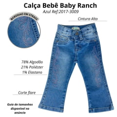 Calça Bebê Baby Ranch Jeans Destroyer Barra Flare Com Bordado Strass Rosa Ref:2017-3009