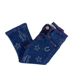 Calça Feminina Infantil Baby Ranch Jeans Azul Escuro Com Brilhos Em Formato De Estrelas Ref:2002