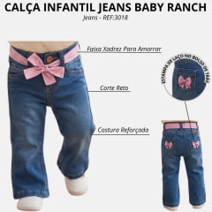 Calça Infantil Baby Ranch Feminina Destroyer Cinto Xadrez Rosa Estampa De Laço REF:3018