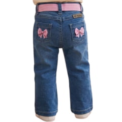Calça Infantil Baby Ranch Feminina Destroyer Cinto Xadrez Rosa Estampa De Laço REF:3018