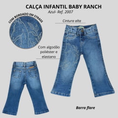 Calça Infantil Baby Ranch Feminina Jeans Flare Com Bordado De Cavalo E Flor Brilhante Ref:2007