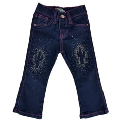 Calça Infantil Baby Ranch Feminina Jeans Azul Escuro Flare Com Pedraria Cacto Ref:2001