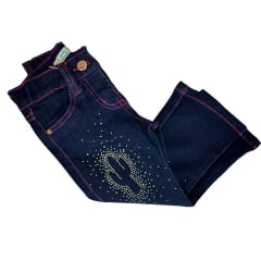 Calça Infantil Baby Ranch Feminina Jeans Azul Escuro Flare Com Pedraria Cacto Ref:2001