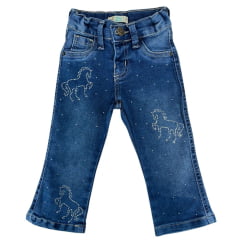 Calça Infantil Baby Ranch Jeans Azul Médio Cavalo Strass Ref:2013
