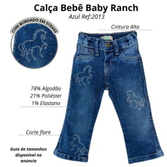 Calça Infantil Baby Ranch Jeans Azul Médio Cavalo Strass Ref:2013