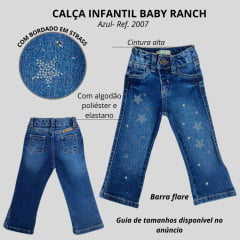 Calça Infantil Baby Ranch Jeans Azul Stonada Flare Stars E Pedraria Ref:2007