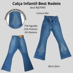 Calça Infantil Best Rodeio Country Jeans Azul Médio Flare Com Bordado Brilho Nossa Senhora Ref:F945