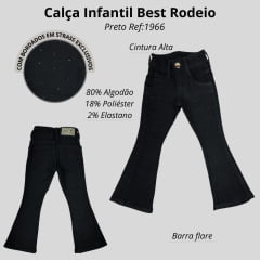 Calça Infantil Best Rodeio Country Jeans Preto Flare Com Pedraria Preta Ref:F1966