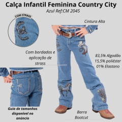 Calça Infantil Country City Jeans Azul Claro Com Bordados De Bota/Chapéu/Cavalo Com Brilho Ref:MANU-CM2045