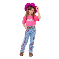 Calça Infantil Country City Jeans Azul Delavê Bootcut Com Bordados De Rosas Na Calça Toda Ref:DANI CID2045