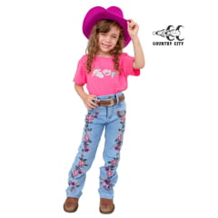 Calça Infantil Country City Jeans Azul Delavê Bootcut Com Bordados De Rosas Na Calça Toda Ref:DANI CID2045