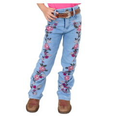 Calça Infantil Country City Jeans Azul Delavê Bootcut Com Bordados De Rosas Na Calça Toda Ref:DANI CID2045