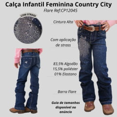 Calça Infantil Country City Pérola Jeans Azul Escuro Flare Com Desenho De Cavalo Em Strass Ref:CP12045