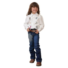 Calça Infantil Country City Pérola Jeans Azul Escuro Flare Com Desenho De Cavalo Em Strass Ref:CP12045