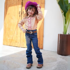 Calça Infantil Country City Pérola Jeans Azul Escuro Flare Com Desenho De Cavalo Em Strass Ref:CP12045