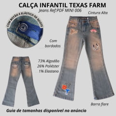 Calça Infantil Feminina Texas Farm Heritage Jeans Manchado Com Bordados Flare Ref:PDF MINI 006