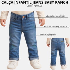 Calça Infantil Feminina Baby Ranch Azul Médio Bordado Ferradura E Cavalinho Com Brilho REF:3020