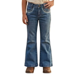 Calça Infantil Feminina Country PRB Lavagem Clara Com Bordado Azul E Branco Nos Bolsos Ref:1632