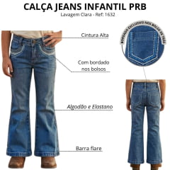 Calça Infantil Feminina Country PRB Lavagem Clara Com Bordado Azul E Branco Nos Bolsos Ref:1632