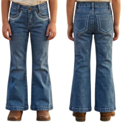 Calça Infantil Feminina Country PRB Lavagem Clara Com Bordado Azul E Branco Nos Bolsos Ref:1632